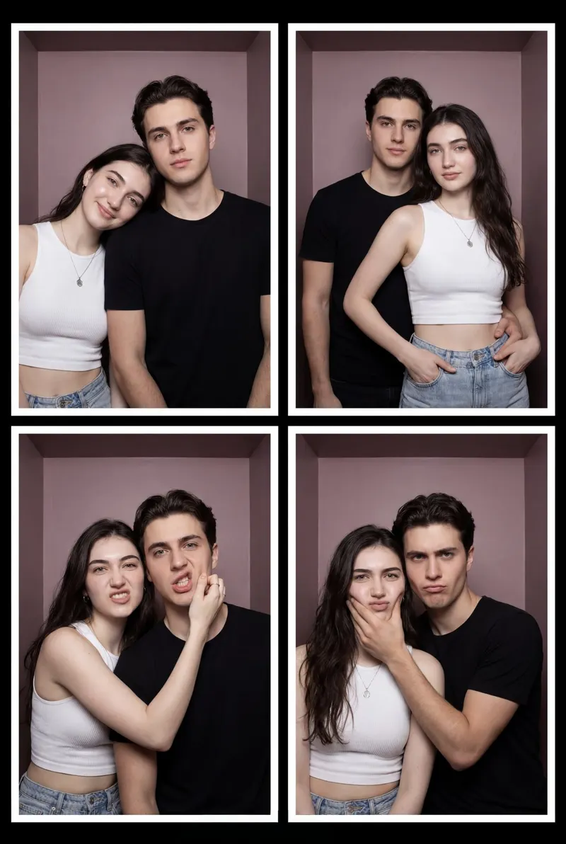 Shot Type: 4-panel photobooth strip layout, a single composite image of a 2x2… — Nano Banana Pro prompt by @ZaraIrahh