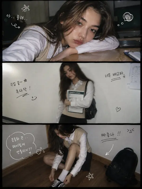 A vertical 3-panel college photo strip. The subject is a girl with long hair in… — GPT Image 2 prompt by @saniaspeaks_