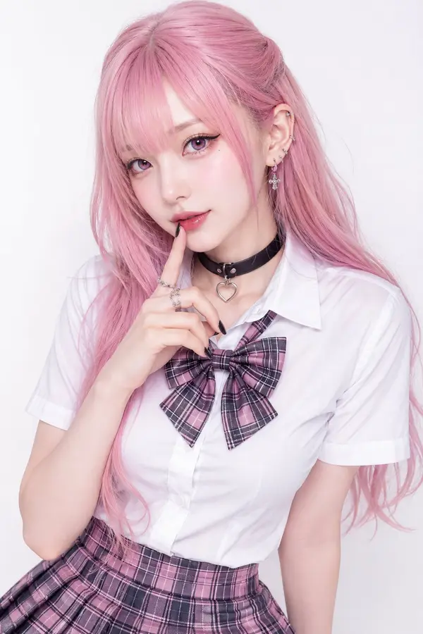 A studio fashion portrait of a young woman with long pastel pink hair and soft… — GPT Image 2 prompt by @MissDelulu9