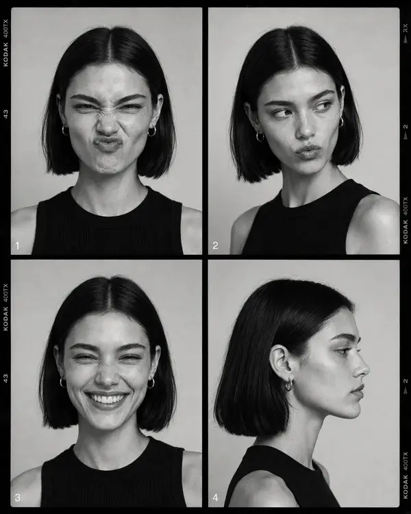 Black-and-white fashion casting contact sheet of [HUMAN] with [HAIR], arranged… — GPT Image 2 prompt by @oggii_0