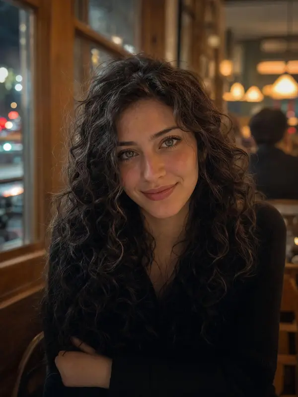 Ultra-realistic portrait of a young woman sitting in a cozy café at night,… — GPT Image 2 prompt by @rovvmut_