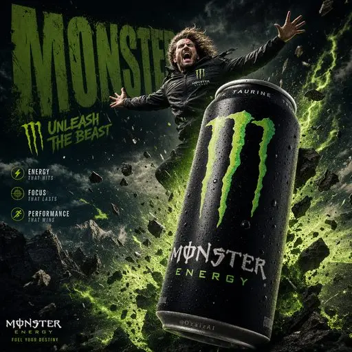 A hyper-cinematic Monster Energy drink advertisement poster. A massive matte… — GPT Image 2 prompt by @Ozayrr_irl