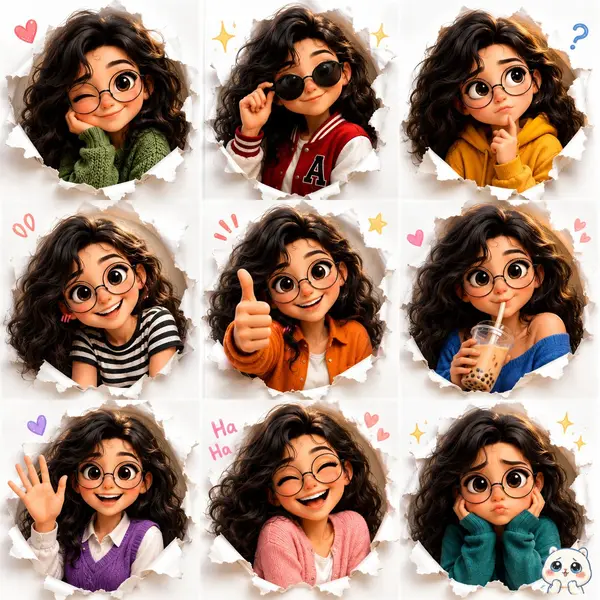 Ultra 3D Pixar-style expression sheet, cute stylized avatar with wavy dark hair… — AI Model prompt by @MissDelulu9