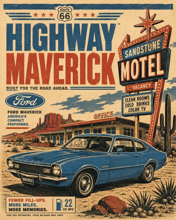 Create a vertical retro automotive travel poster featuring [CAR MODEL] either… — GPT Image 2 prompt by @iamaiistudio