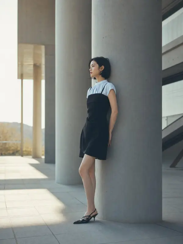A slender young woman with a short black bob haircut leaning against a massive… — GPT Image 2 prompt by @ChillaiKalan__
