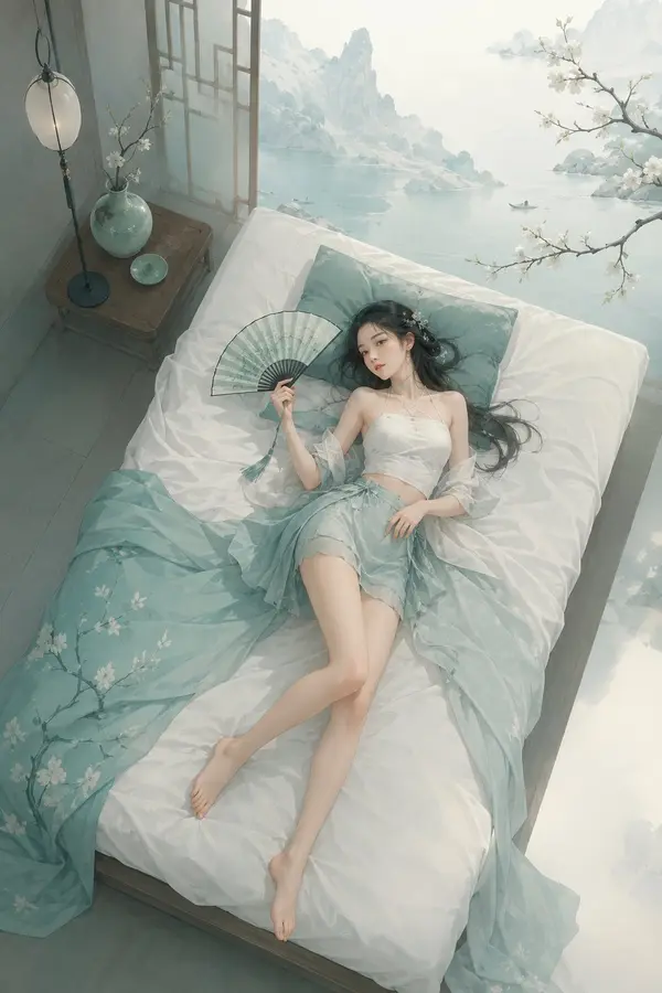 极简东方禅意半写实插画，主体为【xxx】，青绿颜色体系，较强饱和对比，画面空灵静谧，大面积留白，带轻雾感、静止空气感和朦胧远景层次，可结合极简空间、湖面、远山、… — AI Model prompt by @yyyole