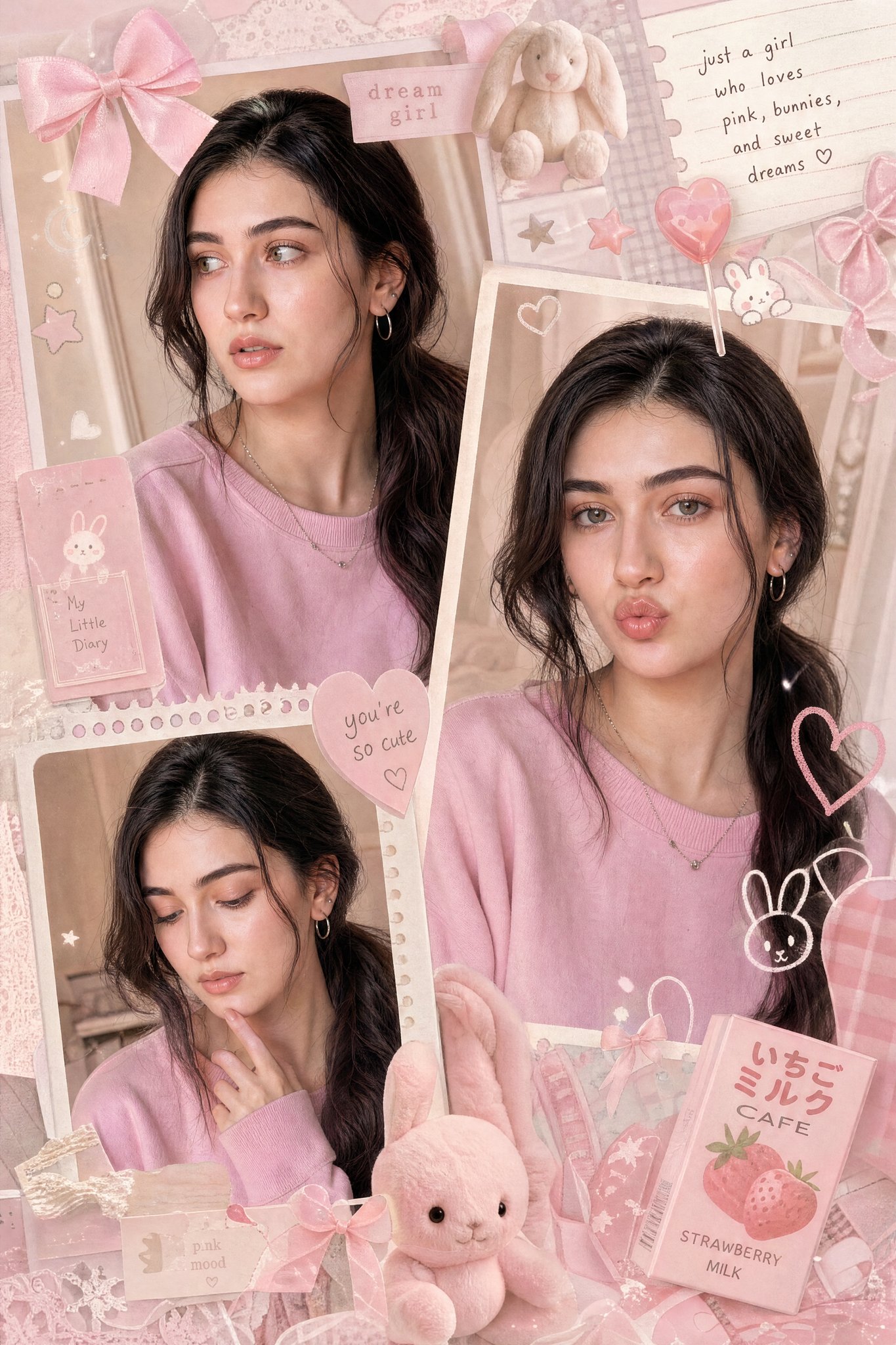 A dreamy multi-frame pastel pink aesthetic collage featuring a cute young girl… — AI-generated image by @ZaraIrahh using GPT Image 2