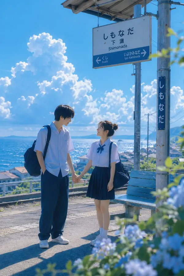 Japanese coming-of-age movie aesthetic, seaside bus stop, Japanese rural train… — AI Model prompt by @MissDelulu9