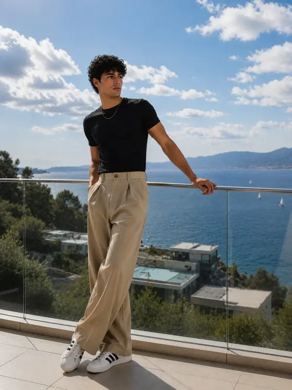 A young, slim-built male model with short curly dark black hair, fair skin, and… — GPT Image 2 prompt by @meng_dagg695