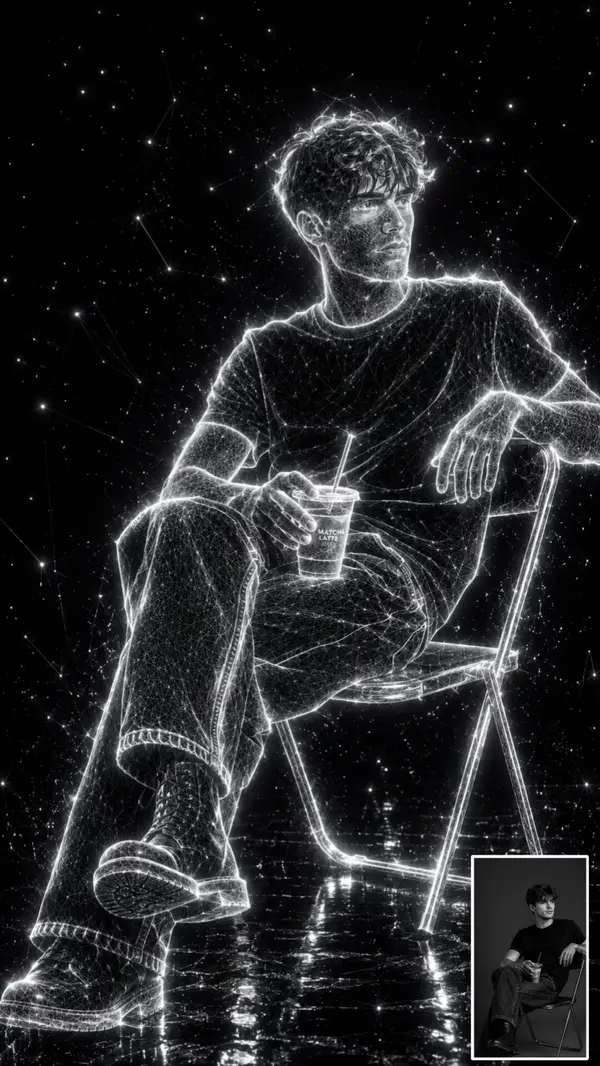 Transform the uploaded image into an ultra-premium holographic wireframe… — GPT Image 2 prompt by @harboriis