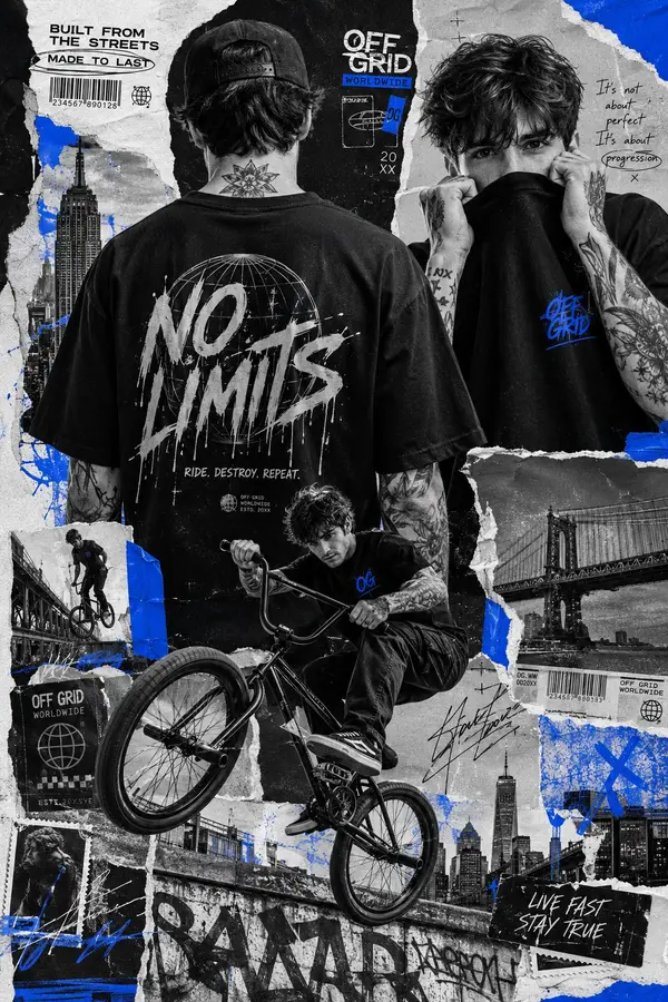 Ultra-creative streetwear collage poster featuring a tattooed BMX rider and… — GPT Image 2 prompt by @harboriis