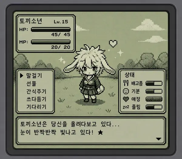 위의 캐릭터를 8비트 도트 게임 캐릭터로 만들어줘. 다마고치 키우듯이. 캐릭터 이름은 ~~ 대사창에 나와야할 내용은 ~~ 게임보이 화면 안에… — AI Model prompt by @mion_1234