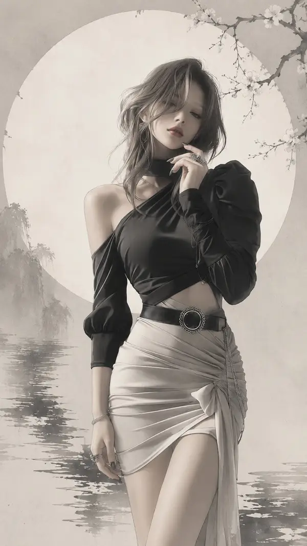 极简东方禅意半写实插画，主体为【xxx】；冷灰、雾灰、米白、象牙白、浅灰绿、墨黑低饱和配色，大面积留白，安静清冷、空灵疏离。现代日系时装插画融合东方水墨感，主体… — AI Model prompt by @yyyole