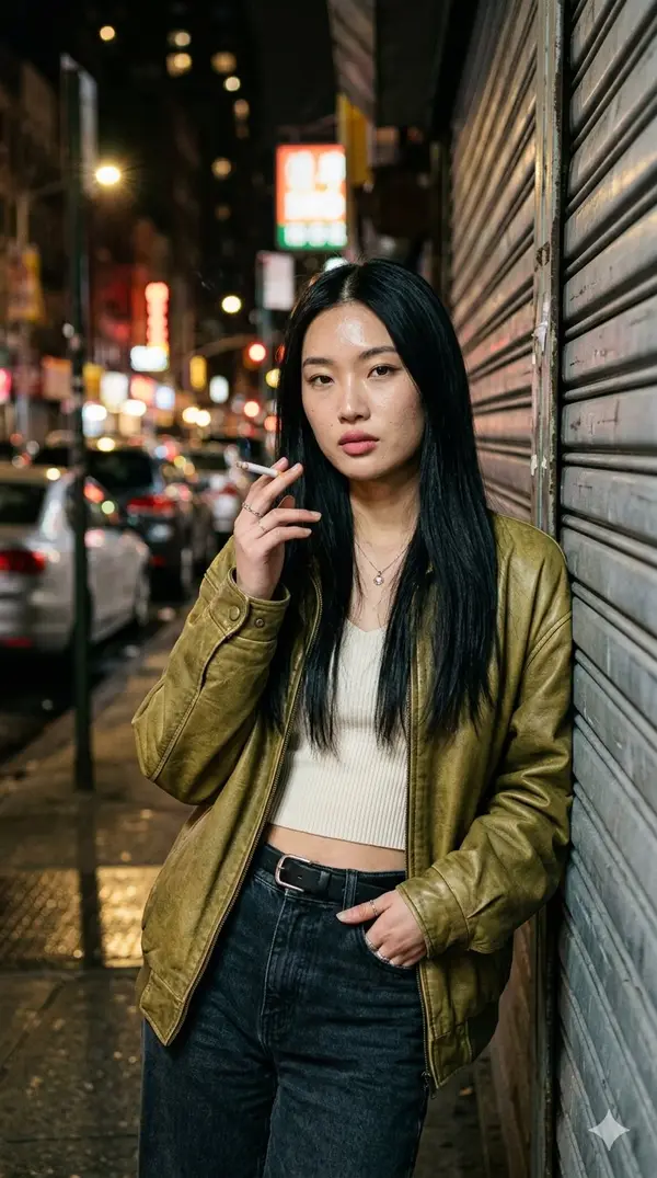 RAW photorealistic night street portrait of a beautiful young woman with long… — Nano Banana prompt by @MissDelulu9