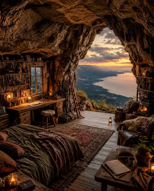 Ultra-realistic luxury cave house carved into a mountain cliff, cozy rustic… — AI Model prompt by @oju689