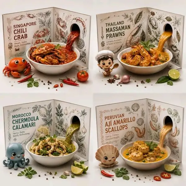 Ultra-detailed 2×2 grid luxury food advertising poster featuring four global… — AI Model prompt by @luciaverseai