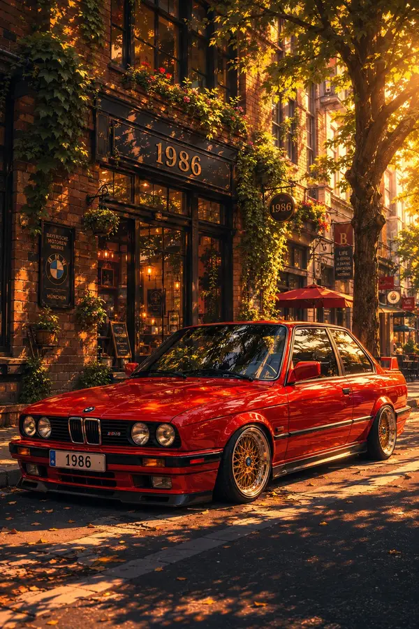 Cinematic illustration of a classic red 1980s BMW E30 parked on a charming… — GPT Image 2 prompt by @harboriis