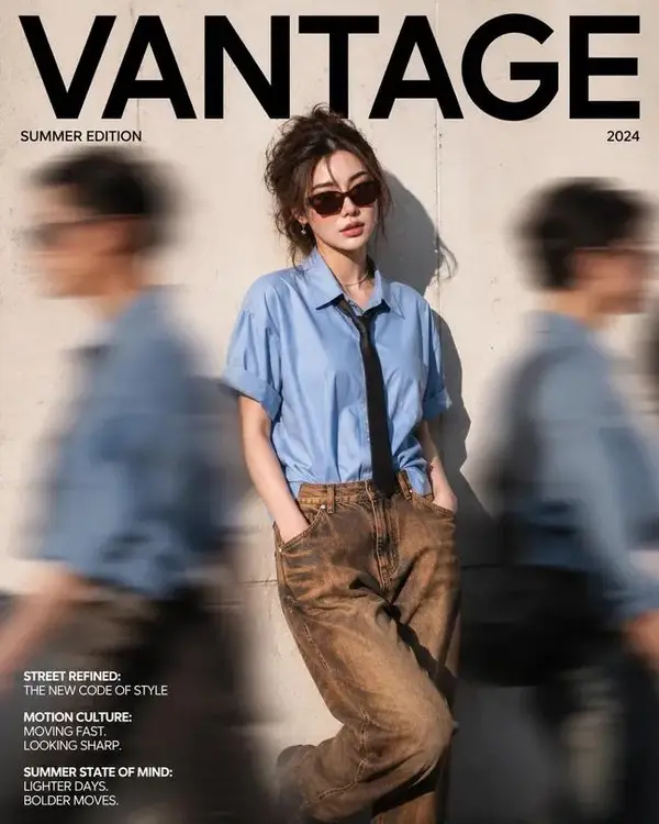 A high-end fashion magazine cover titled "VANTAGE" in a bold, black, minimalist… — GPT Image 2 prompt by @kingofdairyque