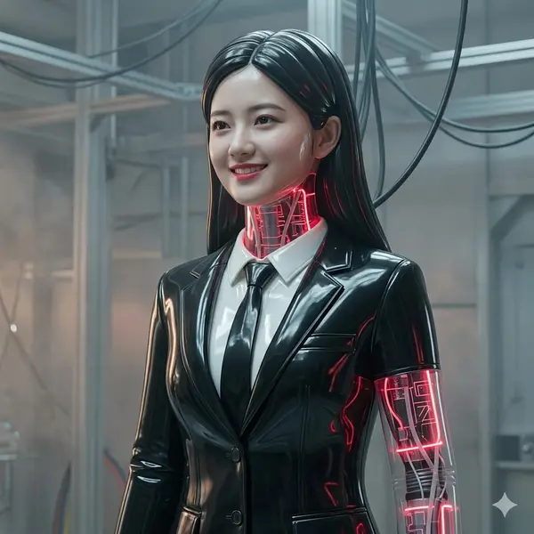 Ultra-realistic futuristic female android standing inside a high-tech robotics… — AI Model prompt by @AmeliaAi12