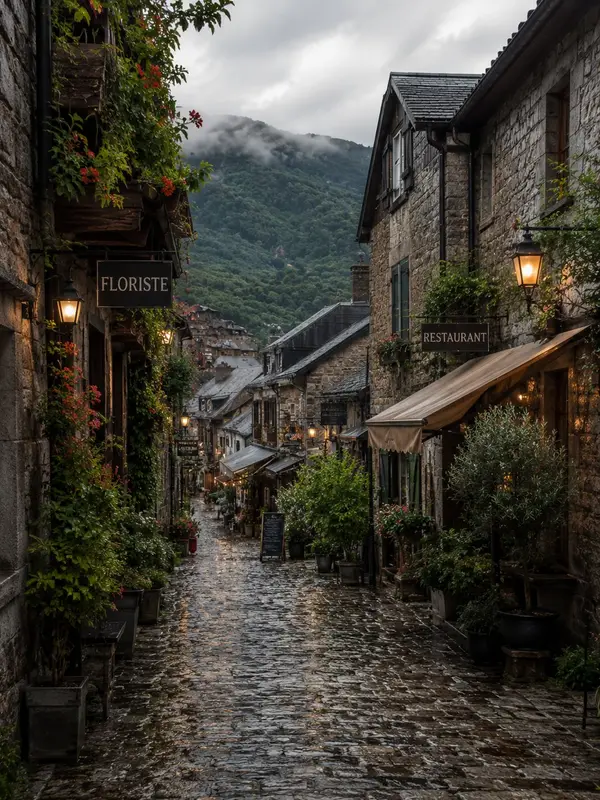 A highly realistic cinematic photograph of a charming old European village… — AI Model prompt by @oju689
