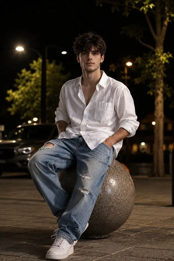 A young man (use reference image) is sitting casually on a large stone sphere… — GPT Image 2 prompt by @harboriis