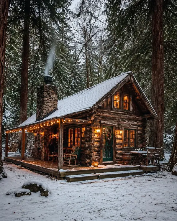 A cozy rustic log cabin deep in a dense pine forest during winter, surrounded… — AI Model prompt by @oju689