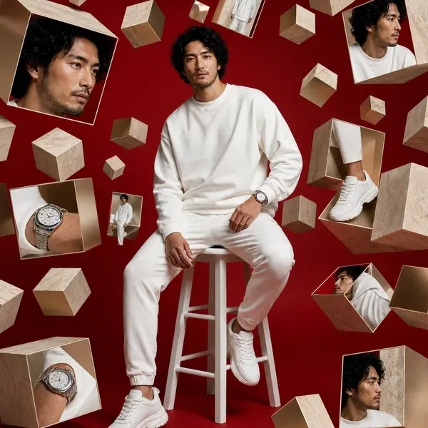 a young, stylish Japanese male model with curly black hair, seated on a simple… — GPT Image 2 prompt by @Mind_Boticni