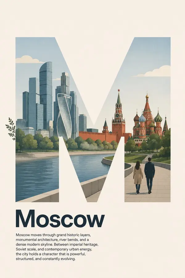 Design a contemporary Swiss Style editorial poster for Moscow, Russia. Use a… — GPT Image 2 prompt by @Naiknelofar788