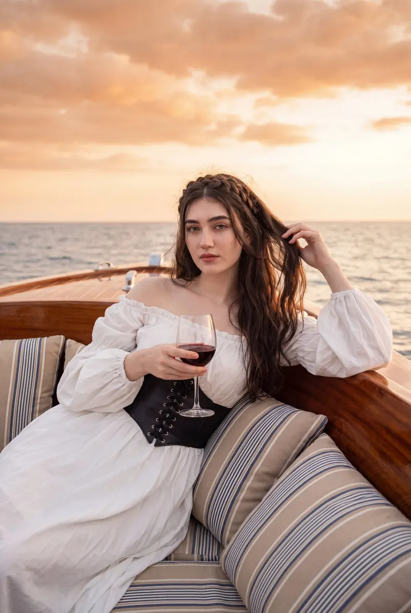 A realistic, cinematic photo of a young woman relaxing in a polished wooden… — Nano Banana Pro prompt by @ZaraIrahh