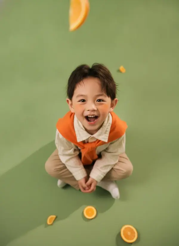 A joyful little child in a minimalist pastel-green studio, wearing a beige… — AI Model prompt by @Taaruk_