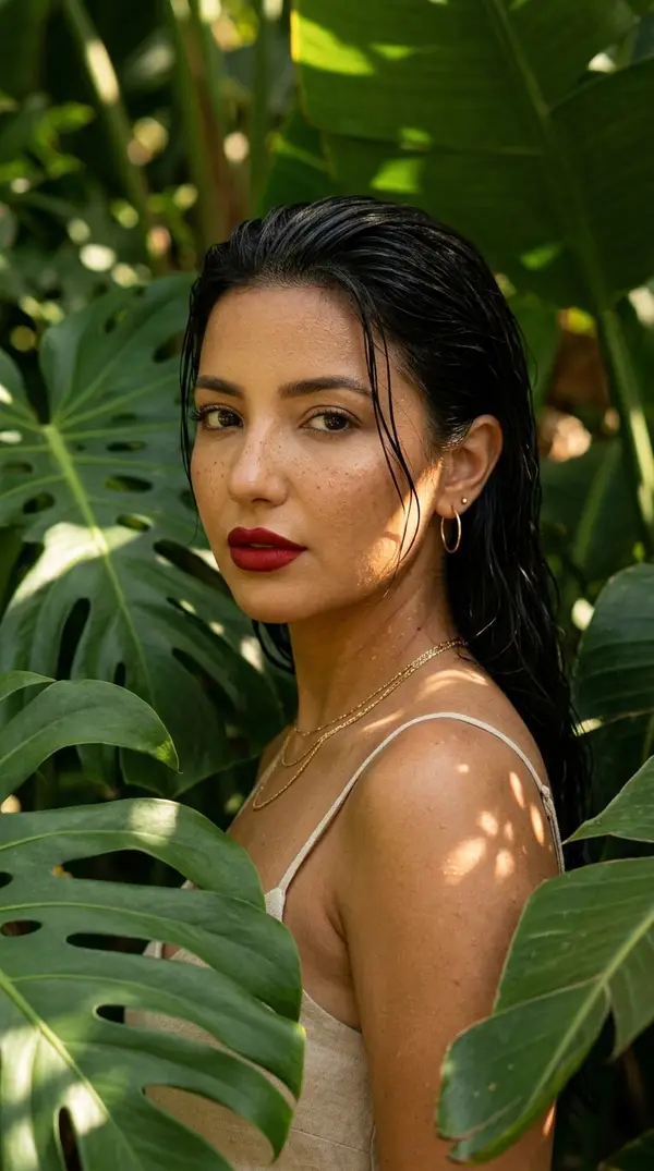 Ultra-realistic tropical editorial beauty portrait of a woman standing among… — Nano Banana 2 prompt by @astronomerozge1