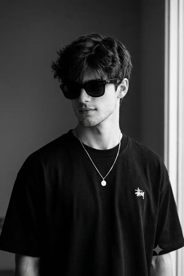 Ultra-realistic monochrome portrait of a young man wearing black wayfarer… — Nano Banana Pro prompt by @harboriis