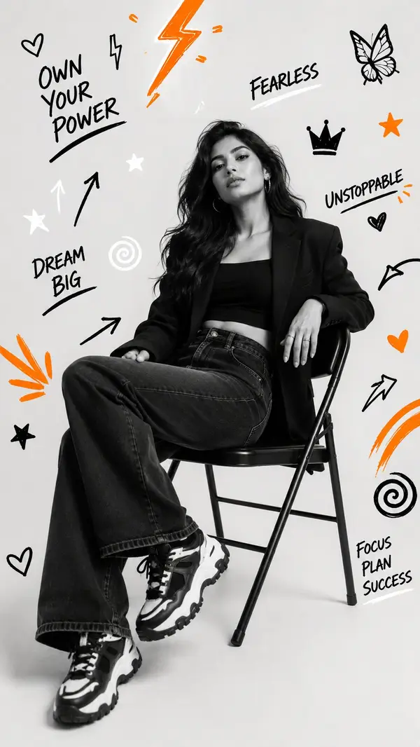 Ultra-realistic BW studio portrait, 8K. Subject sitting on a folding chair,… — AI Model prompt by @MissDelulu9