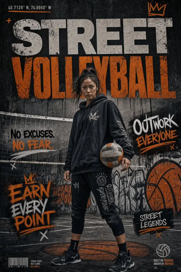 Create a high-impact street volleyball poster in a gritty urban environment. A… — GPT Image 2 prompt by @rovvmut_