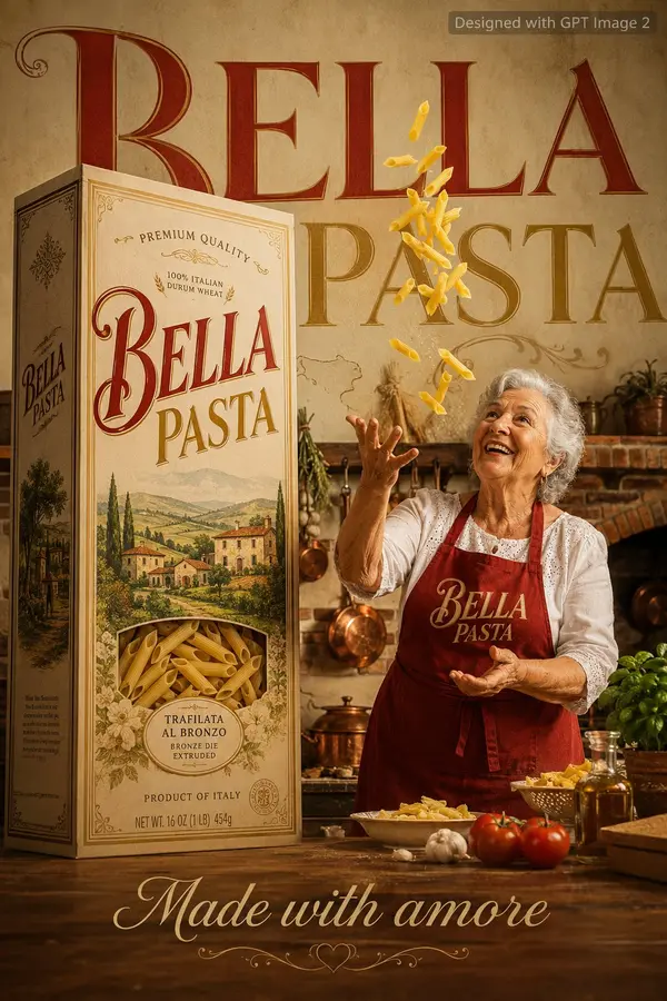 A warm Italian food advertisement poster. A cheerful Italian grandmother in a… — GPT Image 2 prompt by @Strength04_X