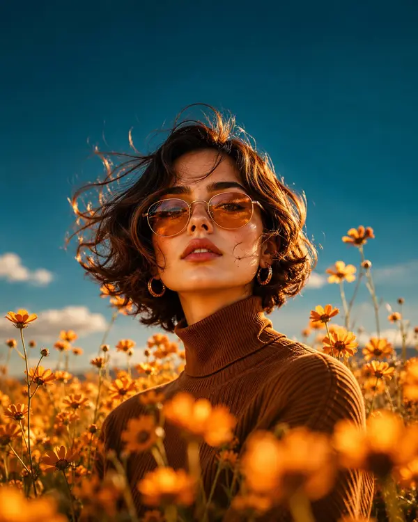 Wide environmental portrait, woman in brown turtleneck standing in vast golden… — GPT Image 2 prompt by @meng_dagg695