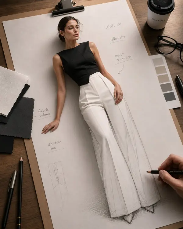 Premium fashion-design workspace, top-down three-quarter view, a large sketch… — GPT Image 2 prompt by @MrLarus