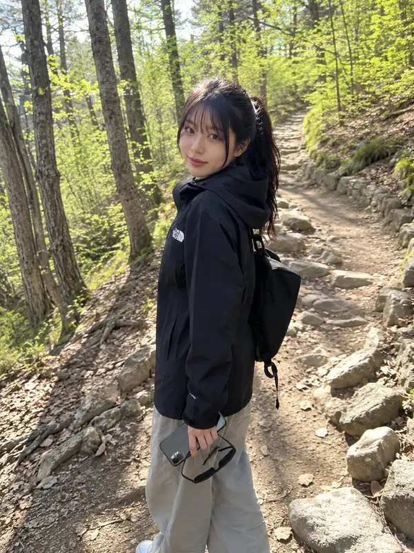 Young Japanese woman on a casual hiking trip, standing on a rugged forest trail… — Nano Banana Pro prompt by @saniaspeaks_
