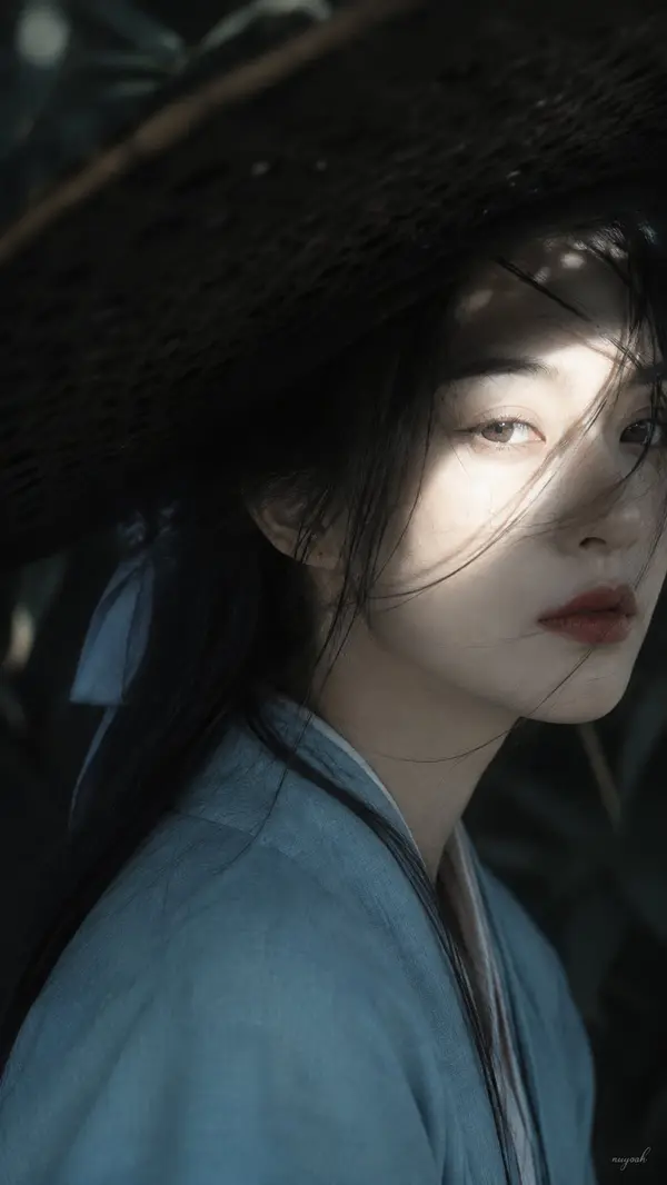冷青蓝古装 editorial portrait, 冷青蓝色系低饱和外袍, 暗绿色竹林背景, 侧逆光打在发丝和袖口, 旧相机转存柔雾感, 轻微颗粒,… — AI Model prompt by @nanyuan0412