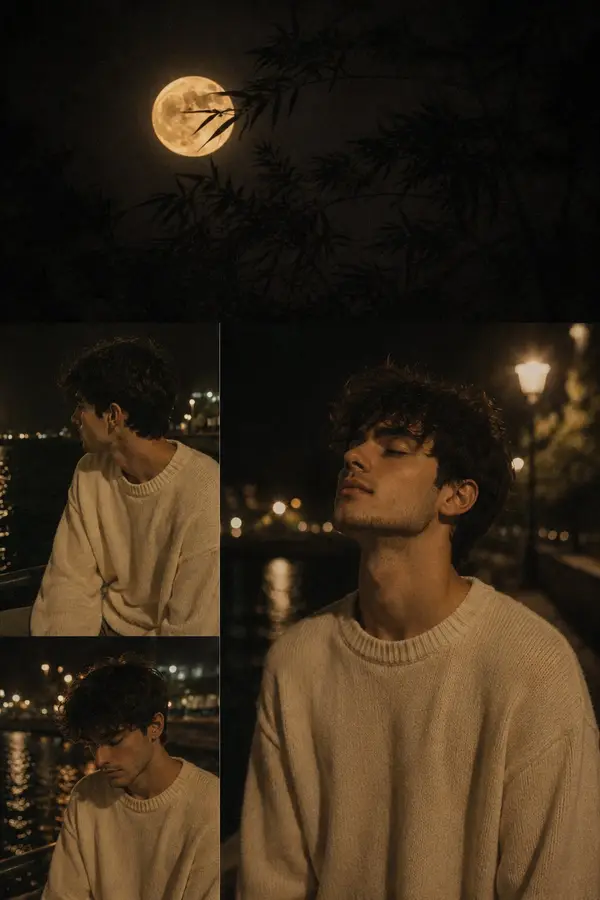 A cinematic film-still aesthetic collage. A glowing, warm full moon hangs in a… — GPT Image 2 prompt by @harboriis