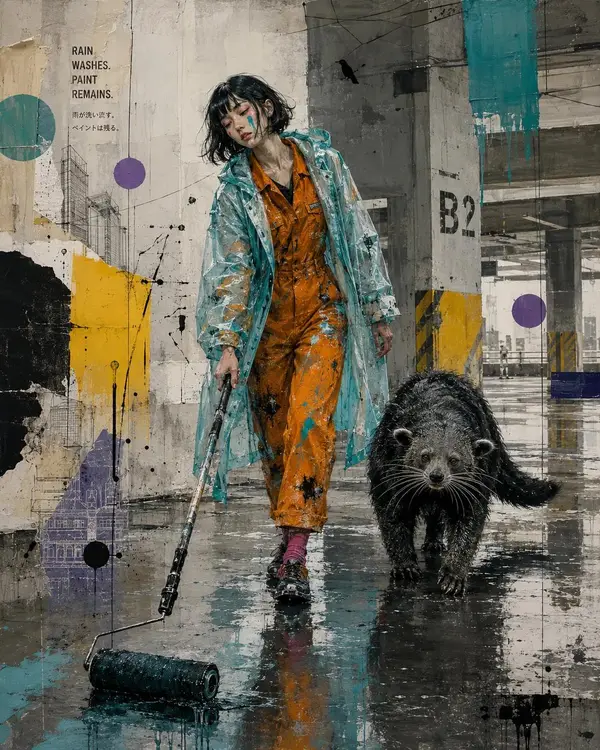 Create a raw neo-urban surrealist portrait in a rain-soaked industrial… — GPT Image 2 prompt by @Taaruk_