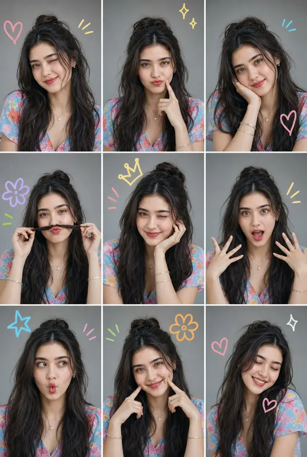 A nine-panel photo collage featuring the same person in each frame with… — Nano Banana Pro prompt by @HaniaAi12