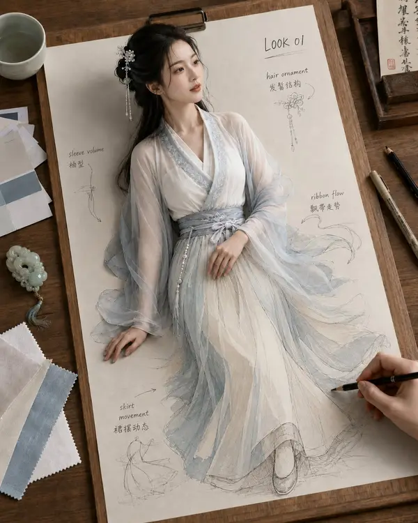 生成一张《纸上成真 · 古风绮稿》风格图片：高级东方古风服饰设计手稿觉醒，4:5 竖版。 画面为俯拍 +… — GPT Image 2 prompt by @MrLarus