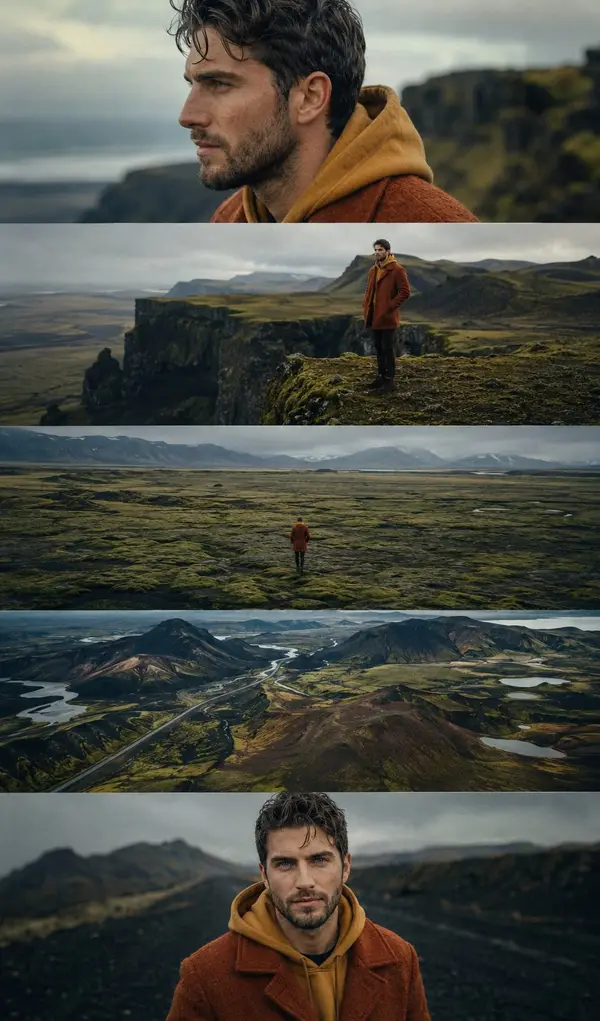 Cinematic 9:16 five-panel sequence featuring the same young man from the… — AI Model prompt by @RizwanAly07