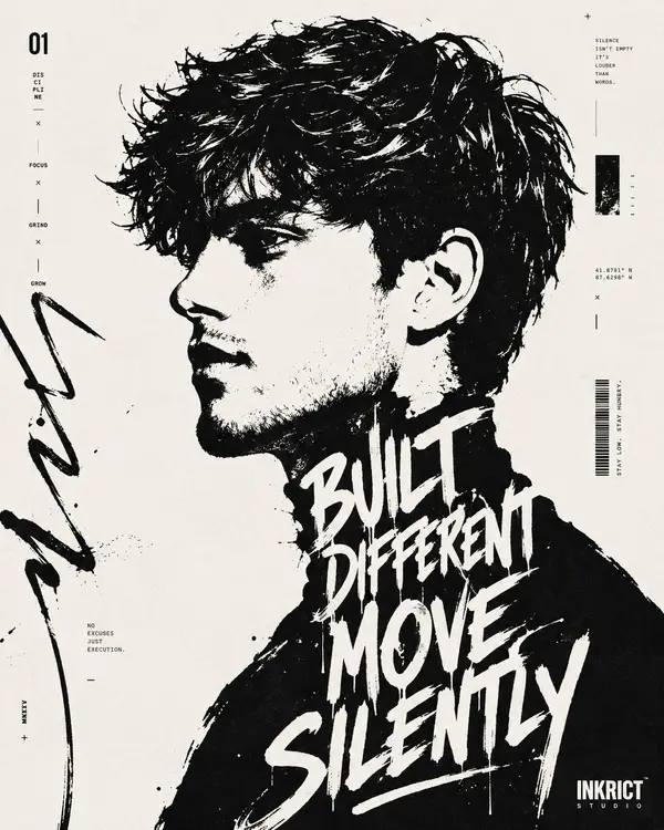 High-contrast black and white typographic portrait poster of [HUMAN], shown in… — Midjourney prompt by @harboriis