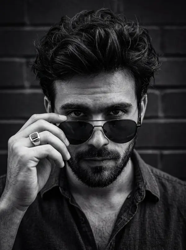 A close-up, high-contrast black and white portrait of a man looking directly… — Nano Banana Pro prompt by @rovvmut_