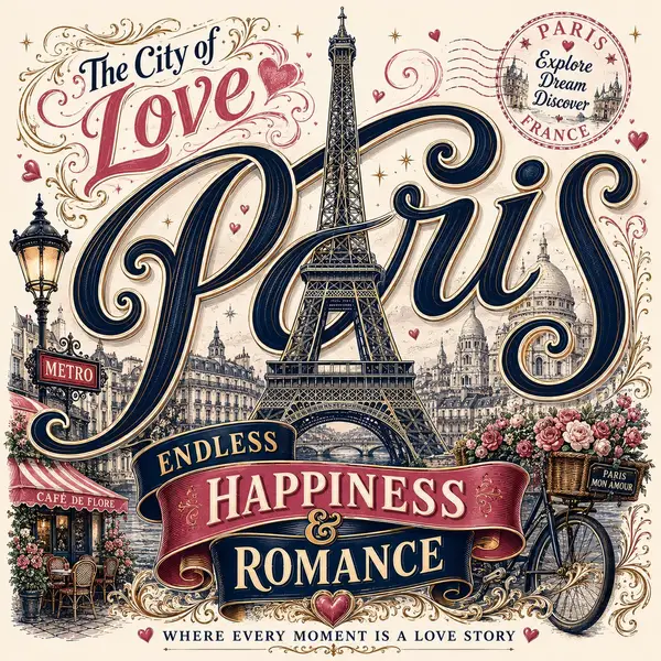 Vintage romantic travel typography poster for Paris designed in an ornate… — GPT Image 2 prompt by @Naiknelofar788