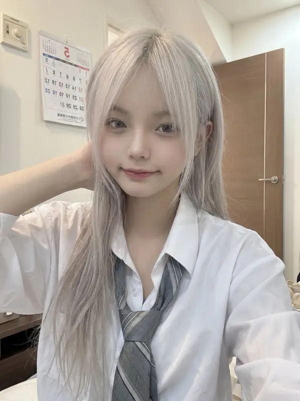 Pretty Young Japanese girl with long silver-white hair, soft messy bangs… — Nano Banana Pro prompt by @saniaspeaks_