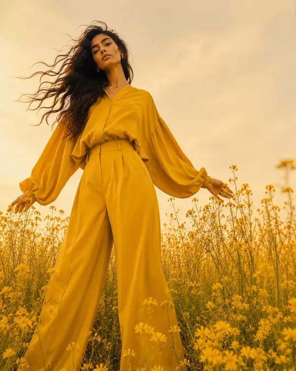Full-body fashion editorial shot, woman in monochromatic mustard-yellow… — Nano Banana 2 prompt by @meng_dagg695