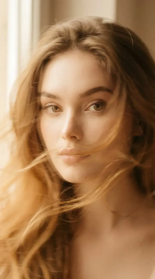 A soft-focus, cinematic portrait of a young woman with delicate facial features… — Nano Banana 2 prompt by @SimplyAnnisa